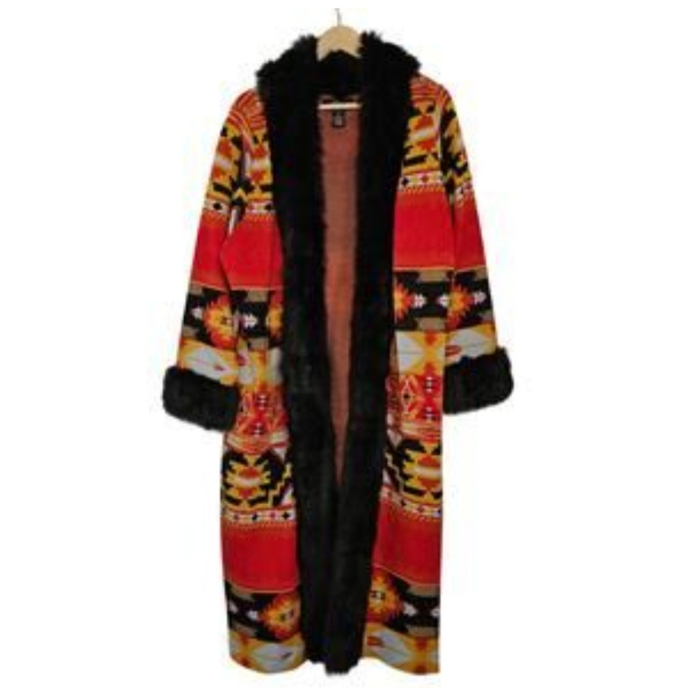 Full length Southwestern fur-lined duster.